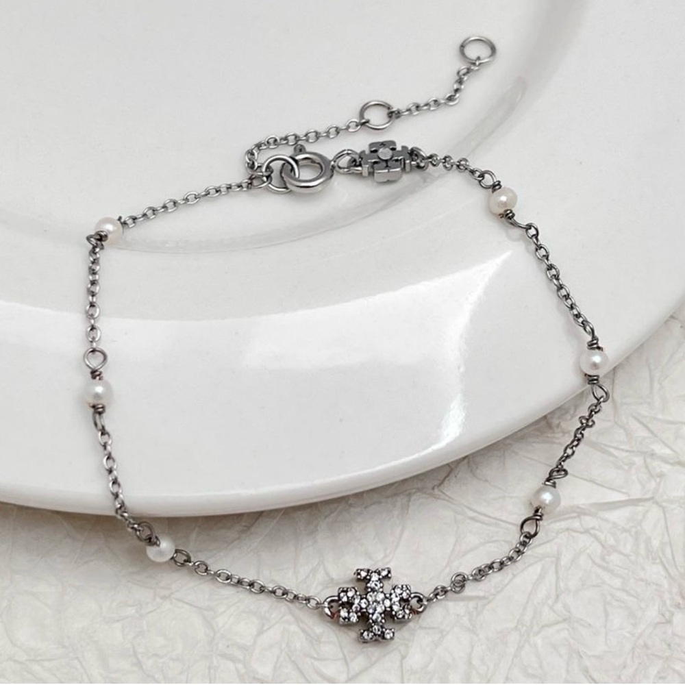 Tory Burch Silver Bracelet with Tiny Pearl & Tiny TB Logo